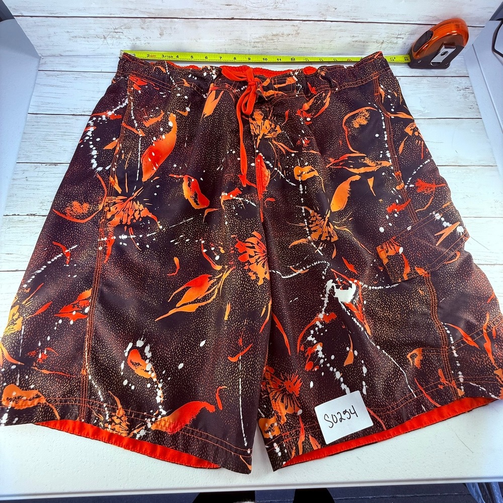 Speedo Mens Board Shorts Swim Trunks Brown Orange Floral Splatter Cargo XL 34